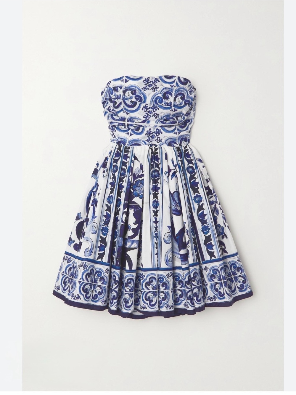 Blue and White Strapless Floral Print Dress
